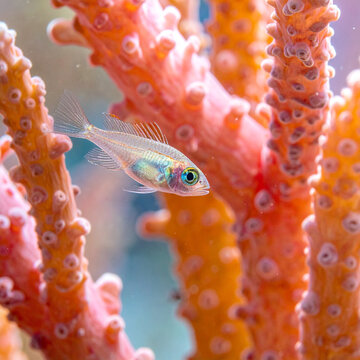 Small cardinalfish swimming near orange soft coral underwater macro
