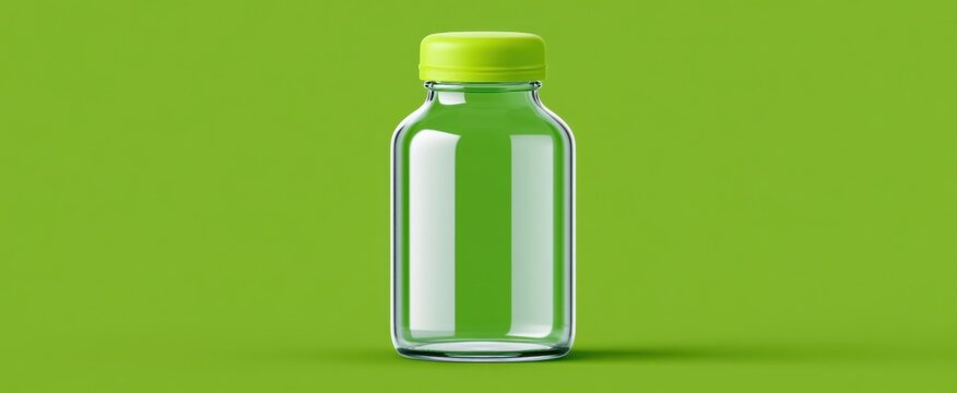 Transparent glass water bottle with green lid isolated, refreshing beverage container promoting hydration and wellness lifestyle