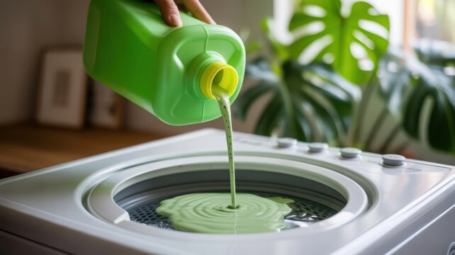 Eco-friendly green liquid detergent being poured into a top-loading washing machine in a bright laundry room with plants.