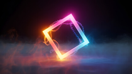 Obraz premium Glowing square frame with neon pink and blue light trails floating above a dark surface covered in dense fog and mist