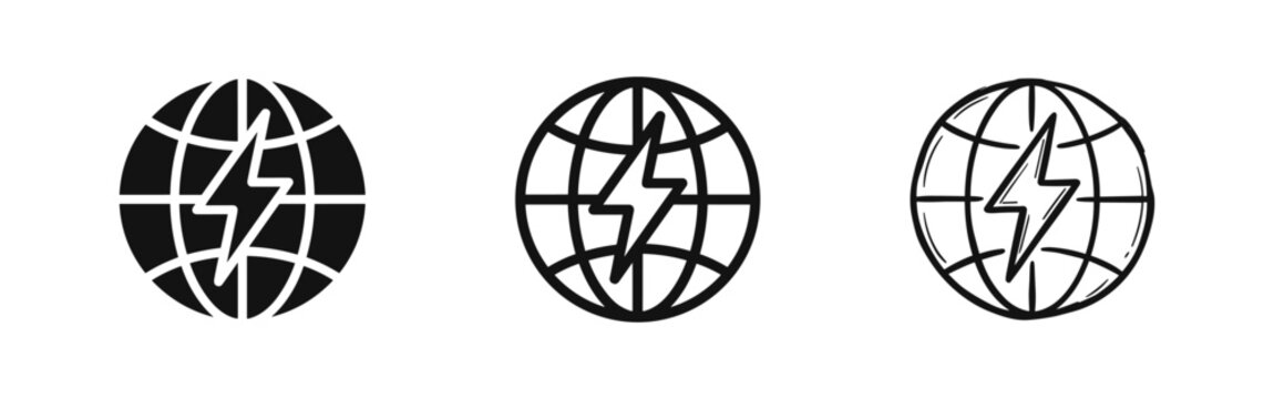 Global energy and electricity icon set, world globe with lightning bolt symbol