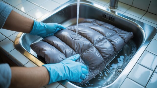 Close up of hands in blue gloves washing a grey down jacket in a stainless steel sink