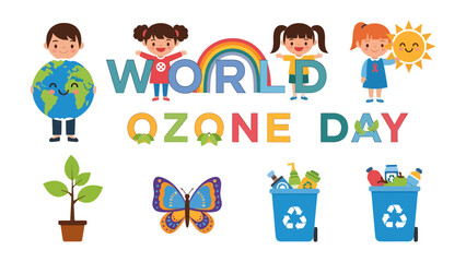 Naklejka premium World Ozone Day Celebration: Children joyfully celebrate World Ozone Day with colorful letters, a smiling Earth, a rainbow, a plant, a butterfly, and recycling bins, promoting environmental awareness.
