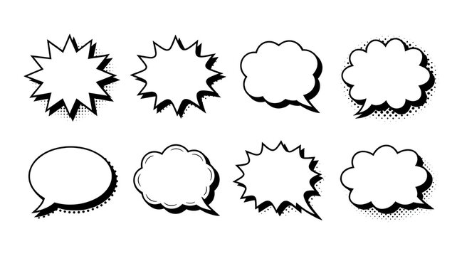 Image features a collection of eight distinct comic-style speech bubbles arranged in two rows. Each bubble is outlined in black and varies in shape, including starbursts, clouds, and jagged edges, all