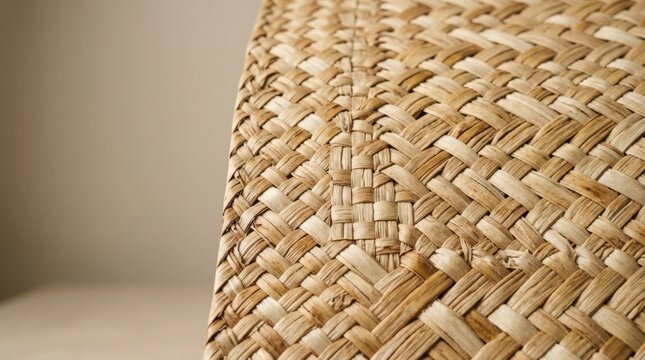 Close-up of woven straw basket with intricate texture and design showcasing natural materials and craftsmanship.