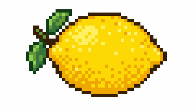 Pixel Art Lemon Fruit with Green Leaves.