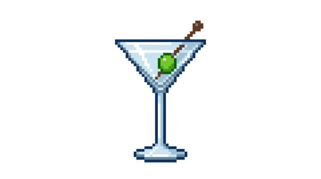 Pixel Art Martini Glass with Olive and Cocktail Stick.