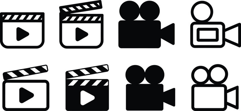 Set of video recording and film production gear icons featuring clapperboards and vintage movie cameras set.