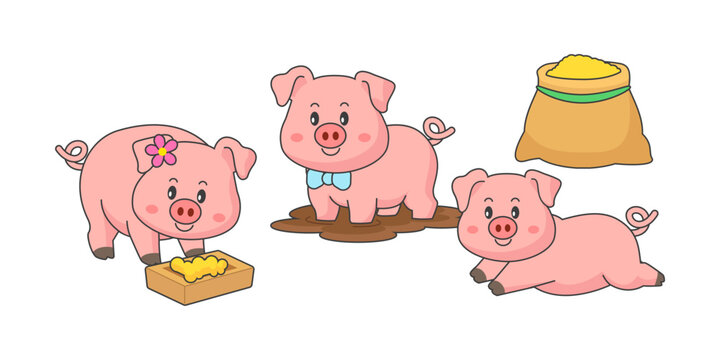Cartoon family of pig with a child, mom pig and pig dad. Cute piglet with parents and feedk. Funny pig ​​family isolated on white background.