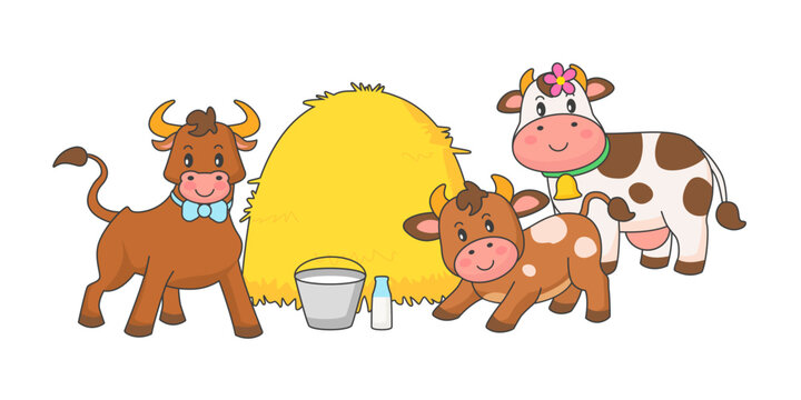 Cartoon family of Cow with a child, mom Cow and Bull dad. Cute calf with parents hay and milk. Funny Cow ​​family isolated on white background.