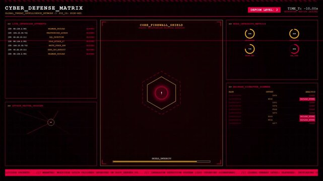 Cyber Security Defense Matrix HUD Interface with Live Firewall Shield and Malware Intrusion Monitoring Analytics.