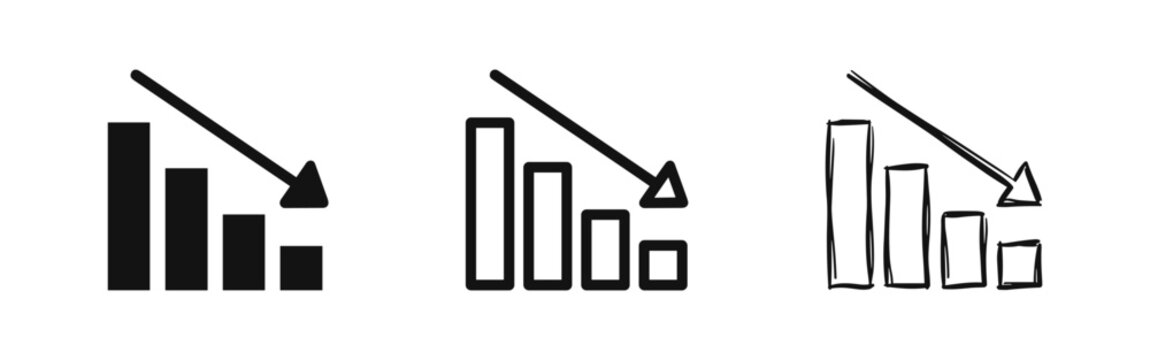 Set of three bar chart decline icons: glyph, outline, and sketch style