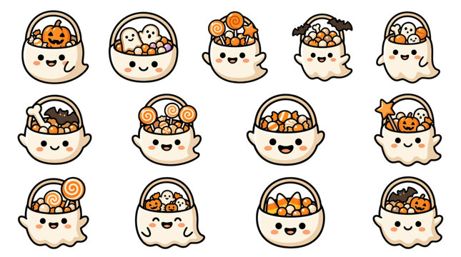 Cute ghost baskets filled with Halloween candy and treats on white background yu