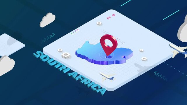 Isometric 3D Render of South Africa Map with Red Location Pin Pointer and Floating Airplanes