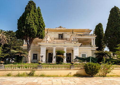 Achillion Palace on the island of Corfu. The three-storey Achillion chateau was built at the end of the 19th century by the Austrian Empress Sisi. Corfu island, Greece.