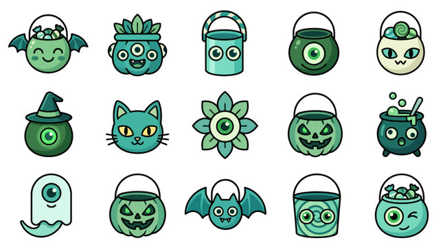 A hell-themed set of 206 cute Halloween illustrations featuring various spooky characters and objects.