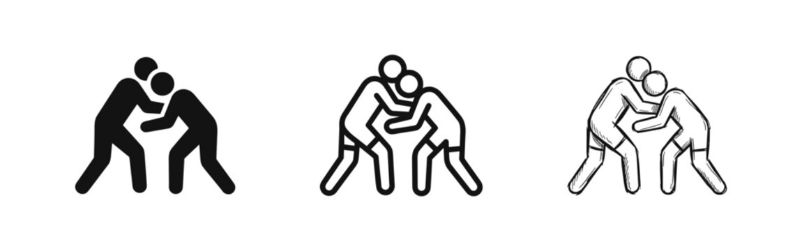 Wrestling match icons, athletes fighting, competition, set of black, outline and sketch styles