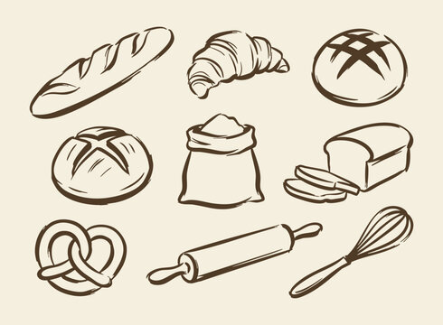 Hand drawn bakery bread doodle set vector illustration with baguette, croissant, loaf, pretzel and baking tools