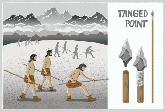 Korean Paleolithic Humans Hunting with Tanged Point Stone Spears Primitive Ancestors Vector Illustration