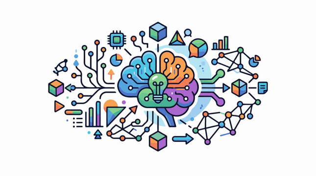 Abstract illustration of a colorful brain with circuitry and data visualization