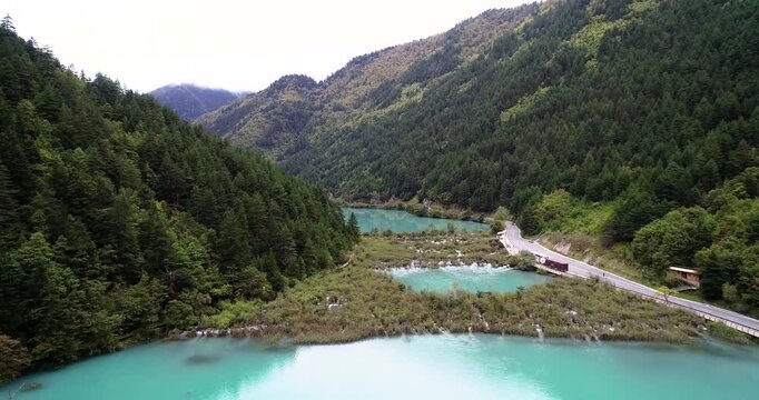 Aerial View of Valley Lake Scenery in Jiuzhaigou Sichuan China