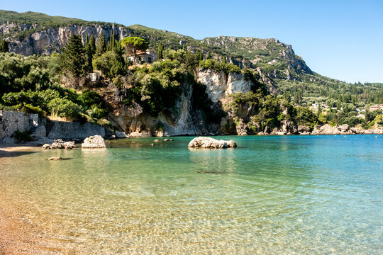 Paleokastritsa beach, Corfu, Greece. A view of Paleokastritsa beach on Corfu, Greece, one of the Island's most popular resorts.