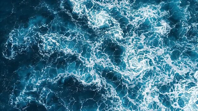 Ocean water surface with white foam and waves creating abstract patterns, dynamic movement, natural energy in deep blue sea environment, wave foam texture, blue sea splash nature pattern