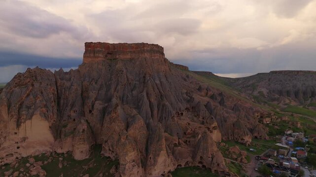 Cappadocia Selime Cathedral Ancient Rock Cut Monastery Mountain Landscape Aerial Dolly In View