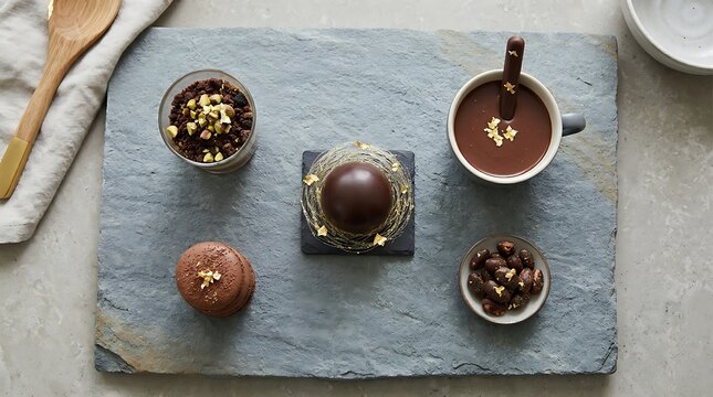 Gourmet chocolate desserts and hot chocolate drink on stone background