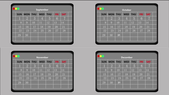 Screen grid animation groups four digital calendars. Connected screen grid animation highlights day boxes. Corporate screen grid animation updates holiday event plans.