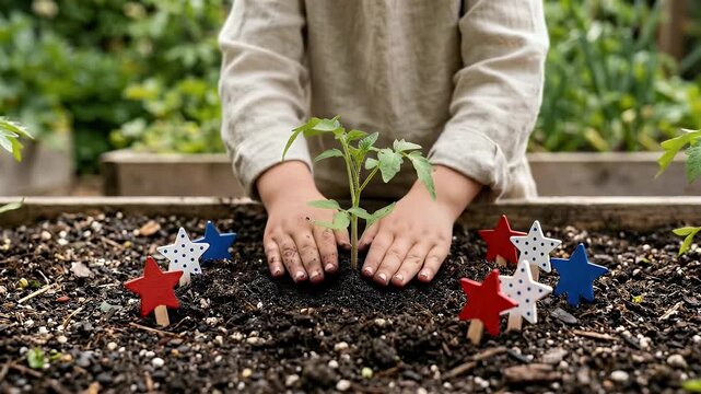 Children learning activity patriotic day planting young green seedling tomato plant in soil garden with hands surrounded by red white blue star decorations showing care growth