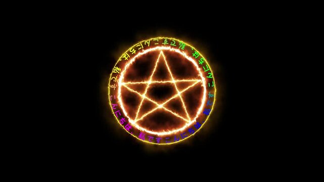 Pentagram animation glows with orange magical vector lines. Esoteric pentagram animation populates multi colored lettering characters. Mystic pentagram animation loops dark signs.