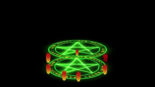 Magic animation triggers dual green glowing pentagram tokens. Esoteric magic animation burns yellow red fire flame sparks. Mystic magic animation loops wizard spell graphics.