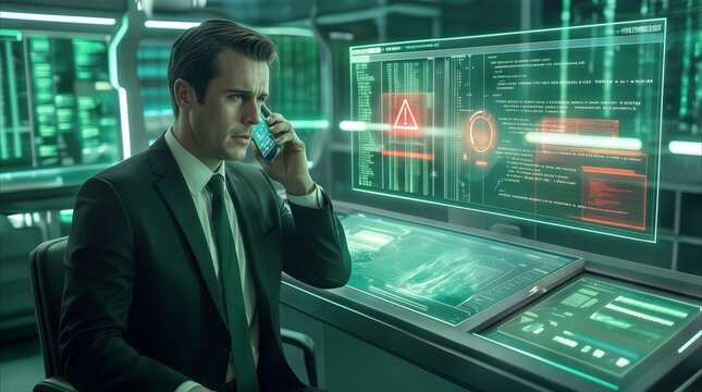 Security analyst managing data breach on smartphone in high-tech control room. Professional man in suit responding to critical system warning on holographic display.