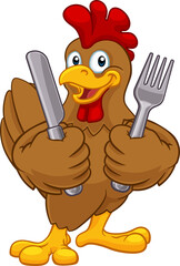 A chicken rooster cockerel cartoon character food mascot holding knife and fork cutlery © Christos Georghiou