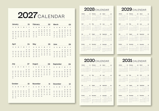 Minimal Calendar 2027 to 2037 Template Bundle