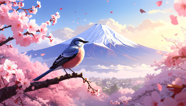 Bird on Cherry Blossom Branch with Snowy Mountain Backdrop