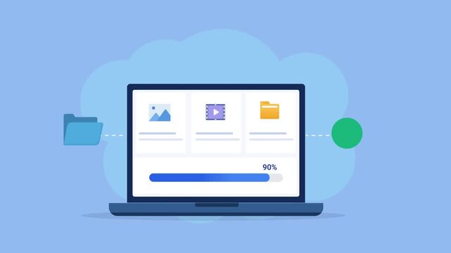 Animated flat vector illustration of a laptop displaying a cloud file management dashboard with folders, media files, and cloud workspace cards. Modern cloud storage, file organization, and productivi