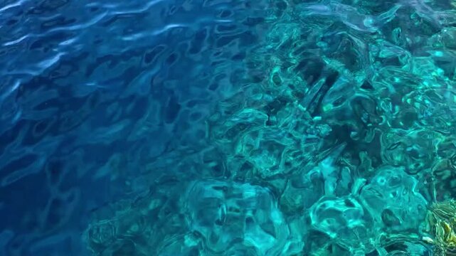 Clear blue water reveals a vibrant coral reef beneath the surface, showcasing marine life and underwater textures.
