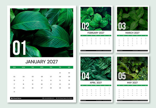 2027 Wall Calendar Template with Green Nature Leaves