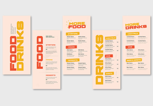 Set of Food and Drinks Menus with Bold Orange Typography