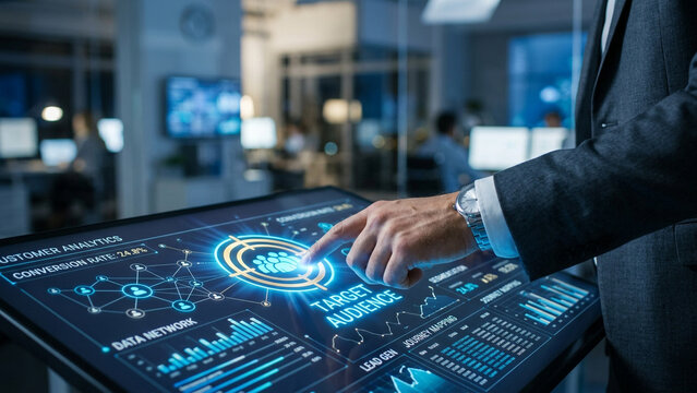Business professional navigating target audience data on holographic touch