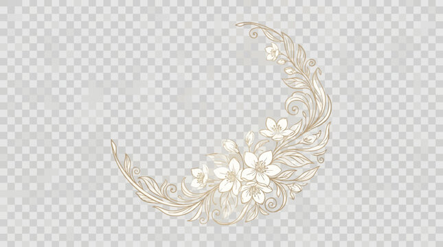 Delicate gold line art vector illustration of cherry blossoms or jasmine flowers and leaves shaped like a crescent moon, isolated on a transparent background.