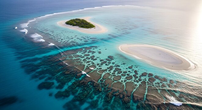 Aerial view of a small tropical island with a fringing coral reef and turquoise lagoon