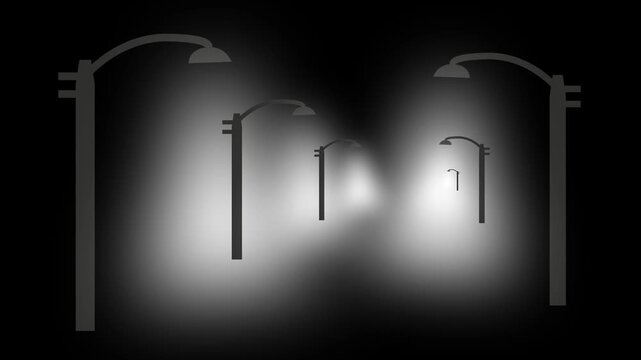Streetlight animation paths rows of city lamp posts. Night streetlight animation beams bright white illumination tracks. Weather streetlight animation loops urban midnight scenes.