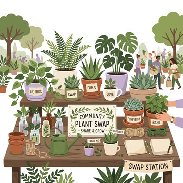 Community plant swap station event outdoors.