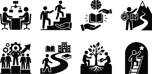 Obraz premium Corporate business mentorship and personal career growth icon set with professional leadership and strategic development symbols