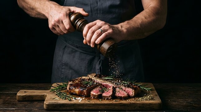 Professional male chef grinding fresh black pepper onto a perfectly grilled sliced T-bone steak on a wooden cutting board.