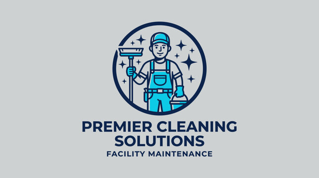 A man in overalls and a hat holding a squeegee and spray bottle standing in front of a logo for Premier Cleaning Solutions facility maintenance.