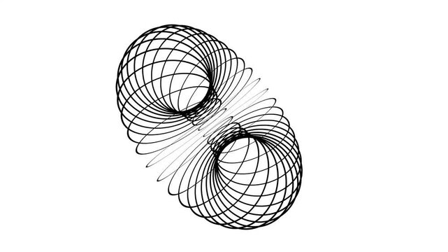 Geometric abstract animation spins black double torus models. Wireframe geometric abstract animation loops white workspace fields. Creative geometric abstract animation trends art lines.
